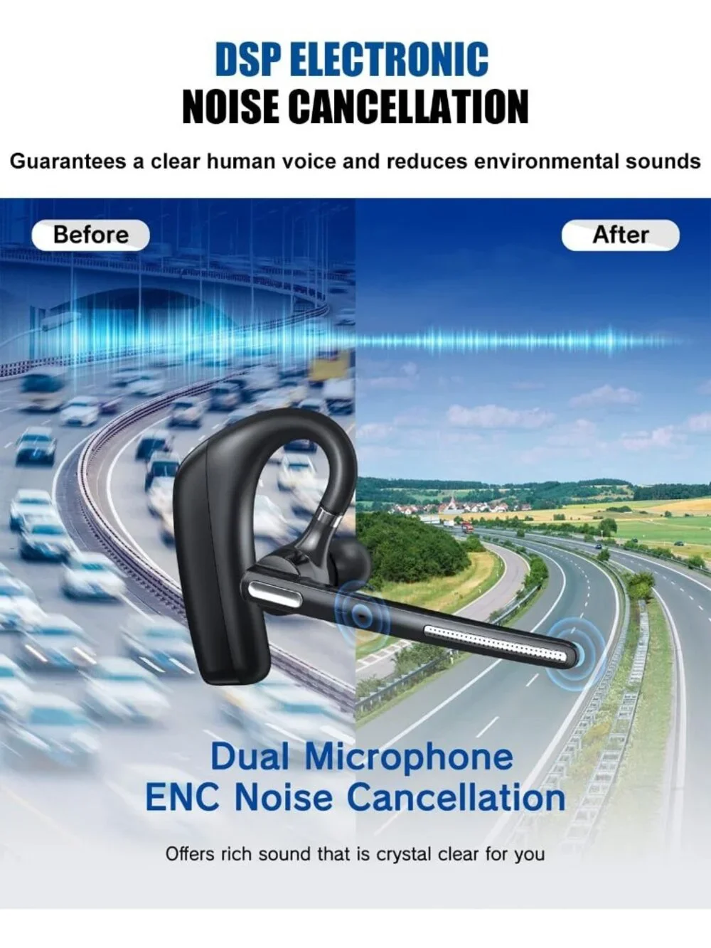 Wireless Bluetooth Headset V5.4, Noise Cancelling Earpiece, 110H Talk Time, for